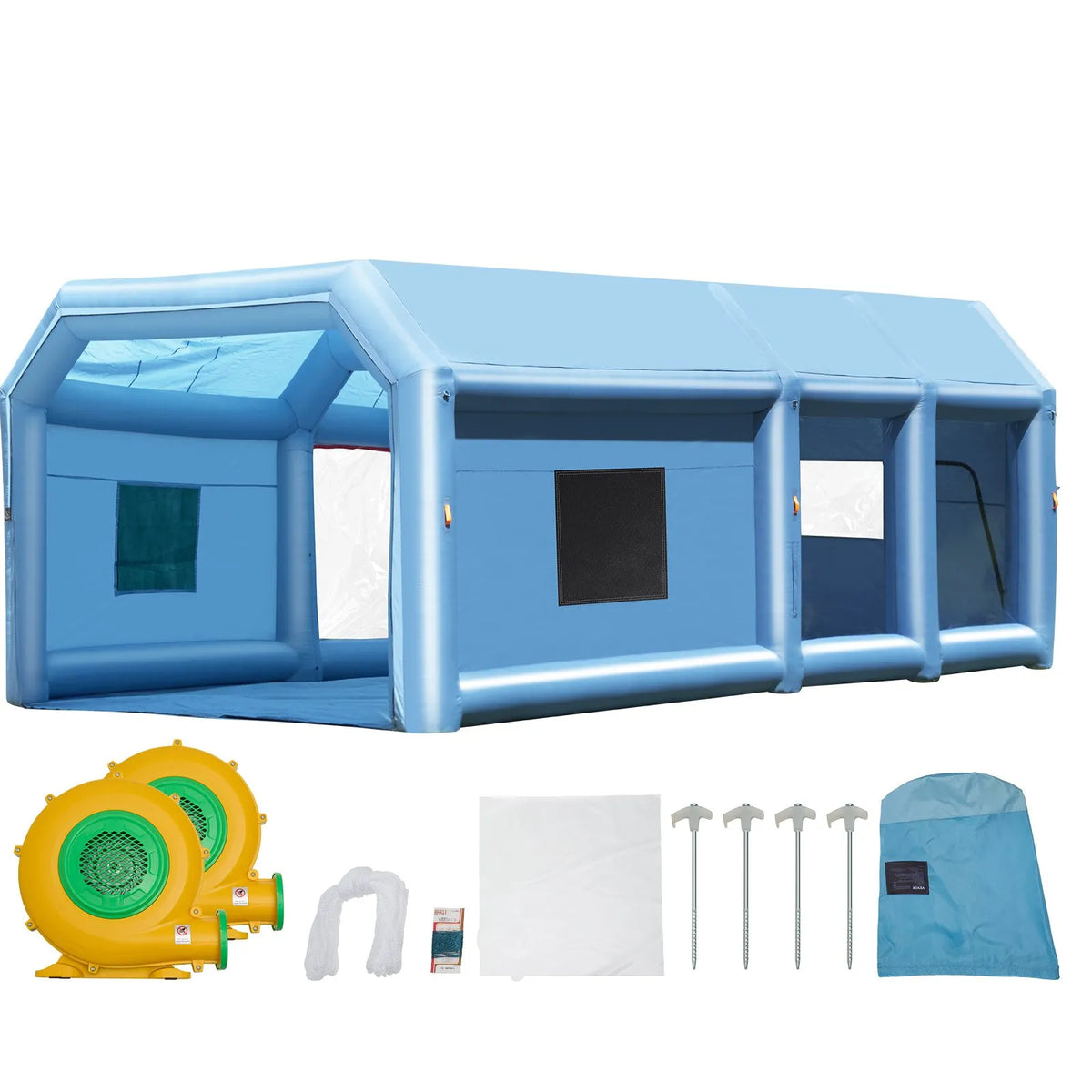 Piepūšamā krāsošanas telpa, 9 x 4,8 x 3,6 м, ar 950W un 750W jaudīgiem pūtējiem un gaisa filtru sistēmu, pārnēsājama, piemērota lieliem kravas auto, furgoniem un smagai tehnikai