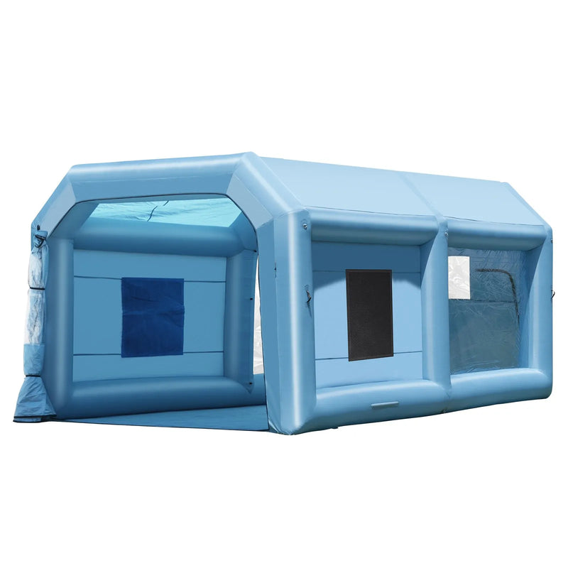 Piepūšamā krāsošanas telpa, 6,4 × 4,1 × 3 m, ar 1100 W jaudīgu pūtēju un gaisa filtru sistēmu, pārnēsājama, piemērota vidēja izmēra transportlīdzekļu un lielu mēbeļu krāsošanai