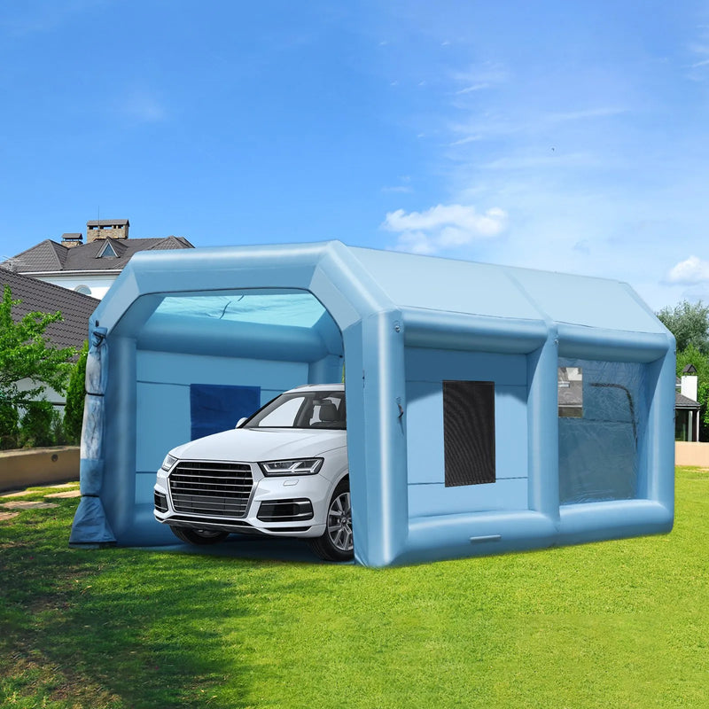 Piepūšamā krāsošanas telpa, 6,4 × 4,1 × 3 m, ar 1100 W jaudīgu pūtēju un gaisa filtru sistēmu, pārnēsājama, piemērota vidēja izmēra transportlīdzekļu un lielu mēbeļu krāsošanai
