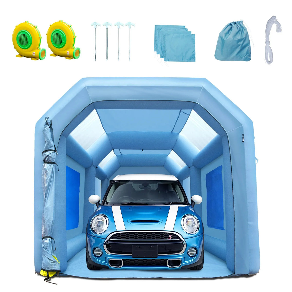 Uzpūšamā krāsošanas kabīne automašīnām 6 × 3 × 2,5 m ar filtru sistēmu un 2 ventilatoriem