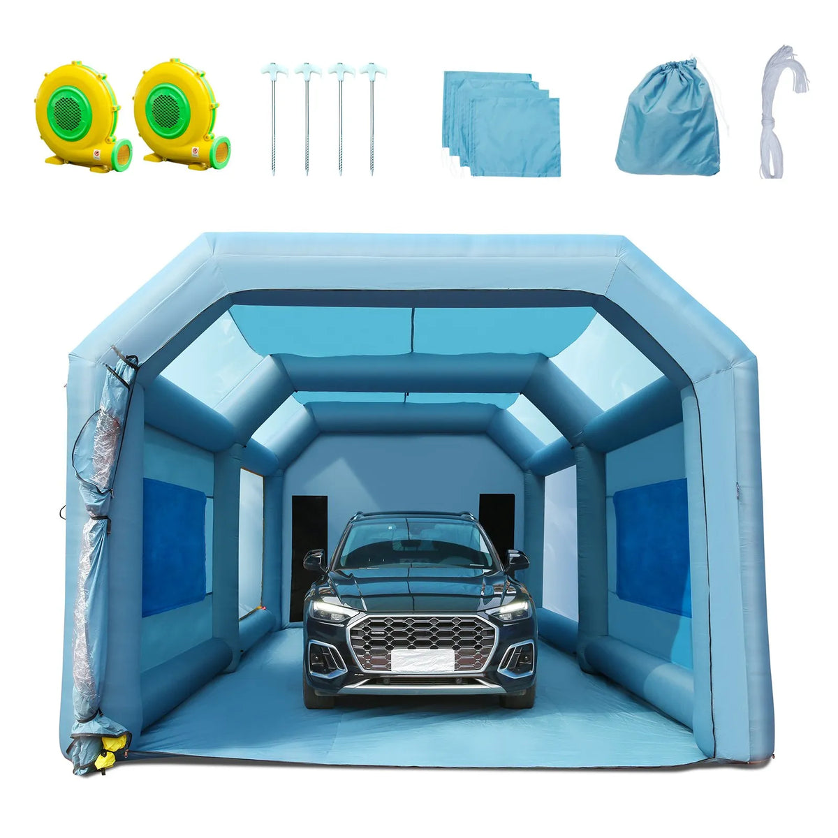 Uzpūšamā krāsošanas kabīne automašīnām 7.9 × 4.6 × 3.35 m ar filtru sistēmu un 2 ventilatoriem