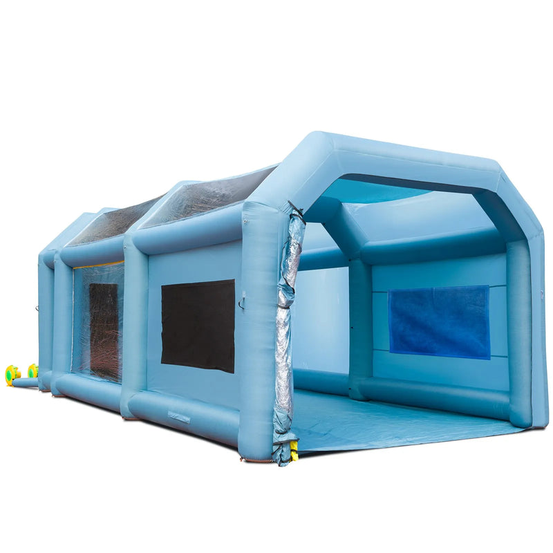 Uzpūšamā krāsošanas kabīne automašīnām 7.9 × 4.6 × 3.35 m ar filtru sistēmu un 2 ventilatoriem