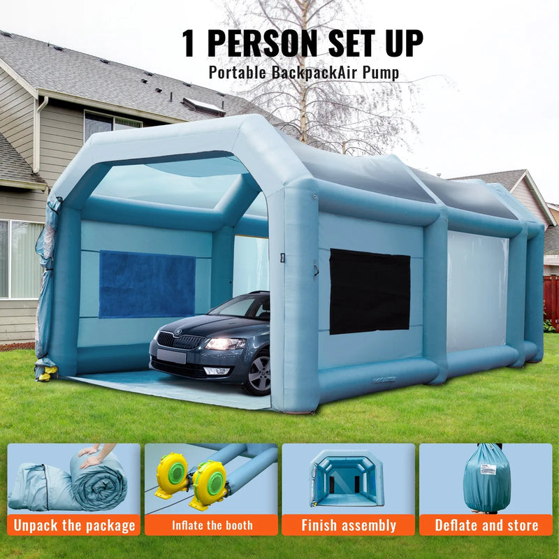 Uzpūšamā krāsošanas kabīne automašīnām 7.9 × 4.6 × 3.35 m ar filtru sistēmu un 2 ventilatoriem
