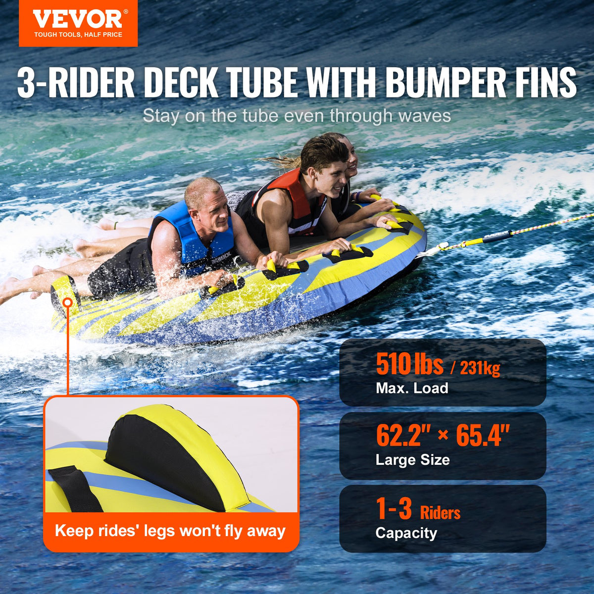 VEVOR Towable Water Tube with Baffle Wings 158 cm, 1-3 Person, 231 kg