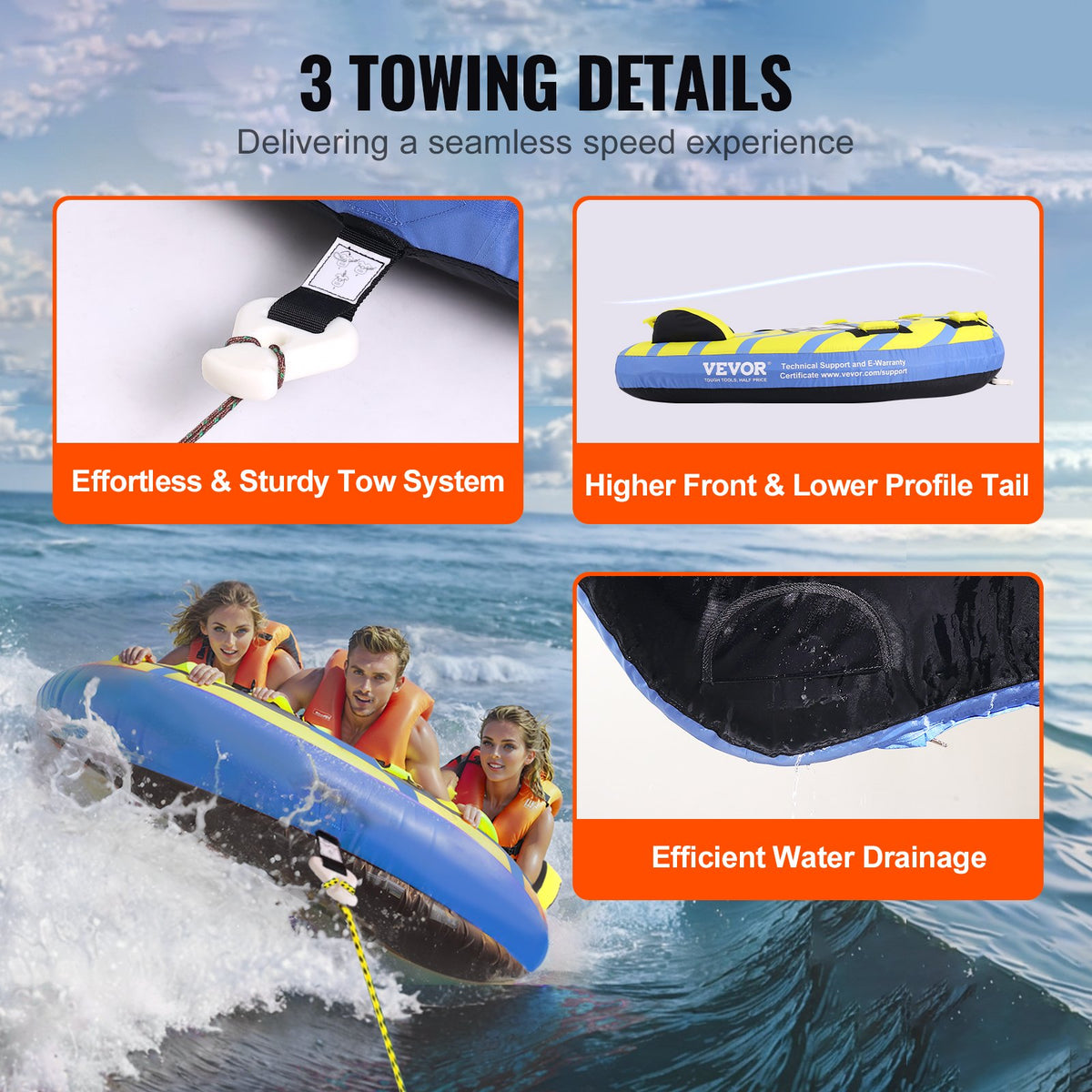 VEVOR Towable Water Tube with Baffle Wings 158 cm, 1-3 Person, 231 kg