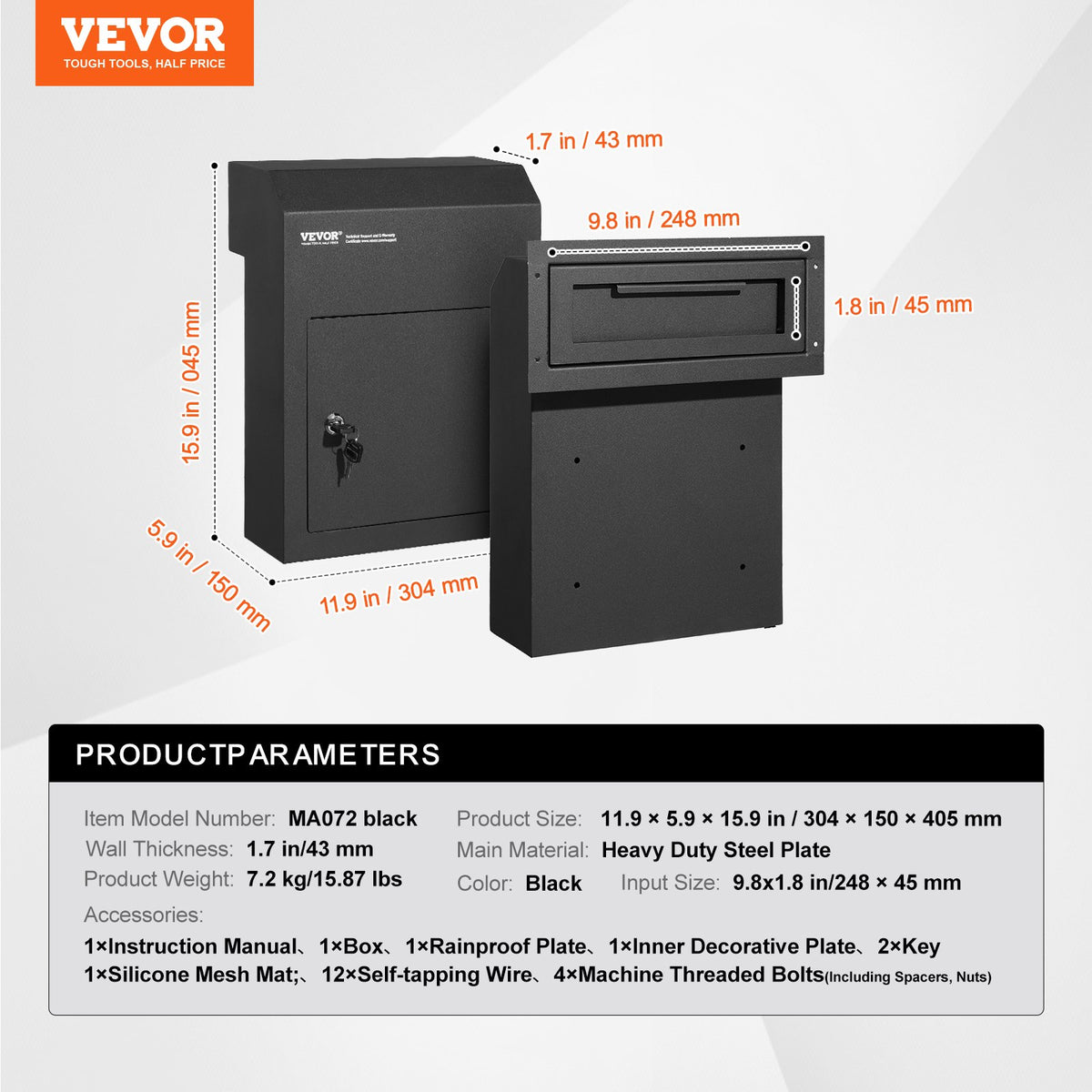 VEVOR Over-the-Door Key Storage Box with Combination Lock, Black, 30.5 × 15.2 × 40.6 cm