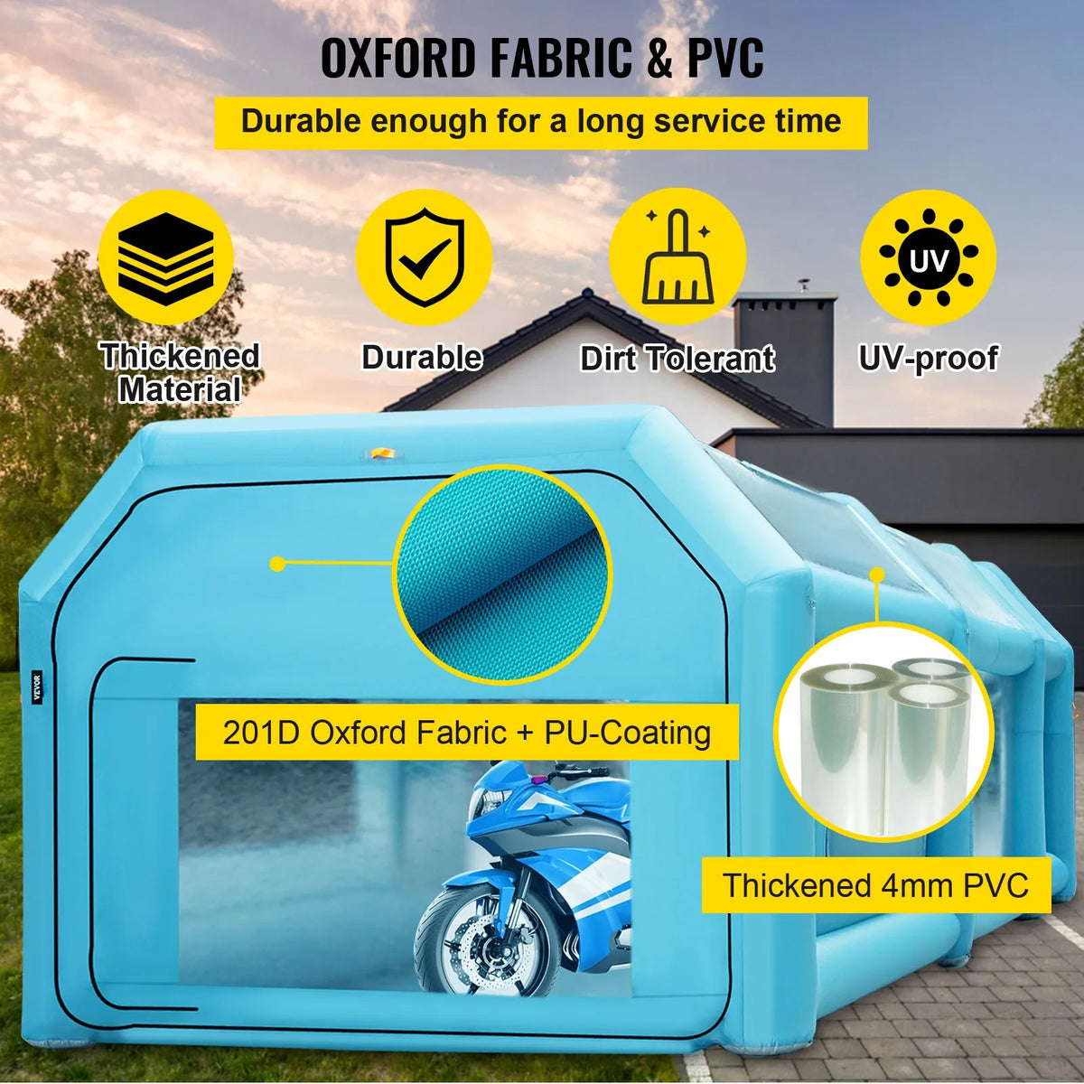 Piepūšama krāsošanas telts 4,8×2,2×2 m no Oxford auduma un PVC ar oglekļa filtriem, 2 nodalījumiem un avārijas logiem