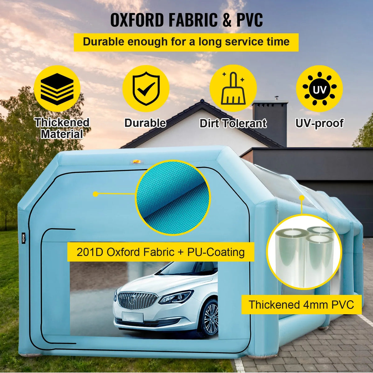 Pārnēsājama uzpūšamā krāsošanas kabīne 8 × 4,6 × 3 m ar gaisa filtru un 2 ventilatoriem