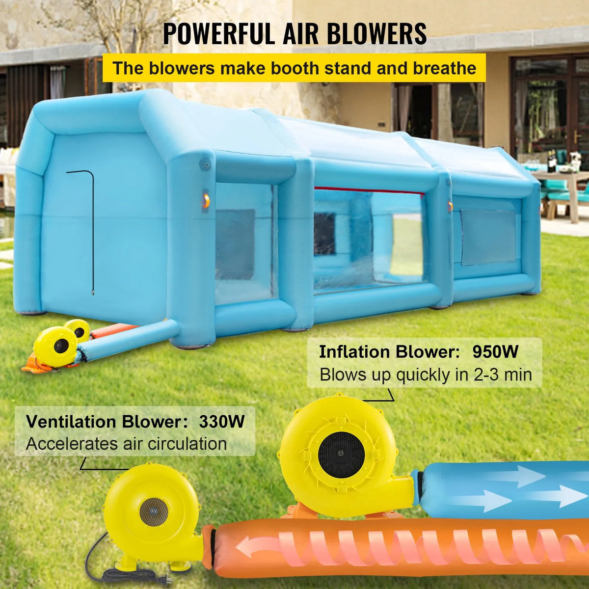 Pārnēsājama uzpūšamā krāsošanas kabīne 8 × 4,6 × 3 m ar gaisa filtru un 2 ventilatoriem