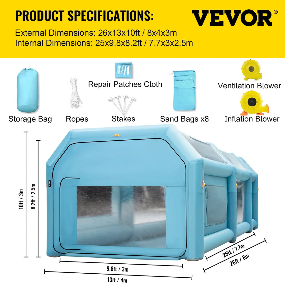 Pārnēsājama uzpūšamā krāsošanas kabīne 8 × 4,6 × 3 m ar gaisa filtru un 2 ventilatoriem