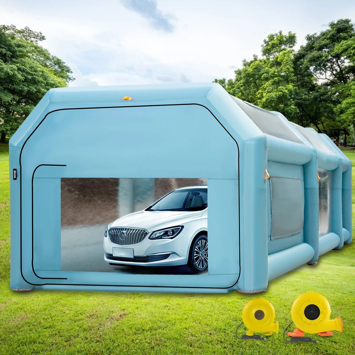 Pārnēsājama uzpūšamā krāsošanas kabīne 8 × 4,6 × 3 m ar gaisa filtru un 2 ventilatoriem