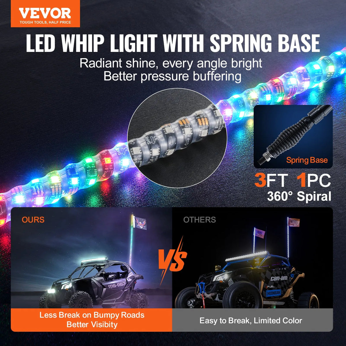 VEVOR LED Mast Light, 1 Piece, 0.9 m with Spring Base; App and Remote Control 360° Spiral RGB Moving Light, Waterproof, with 2 Flags; Suitable for UTV, ATV, Motorcycles, RZR, Can-Am and Go-Karts
