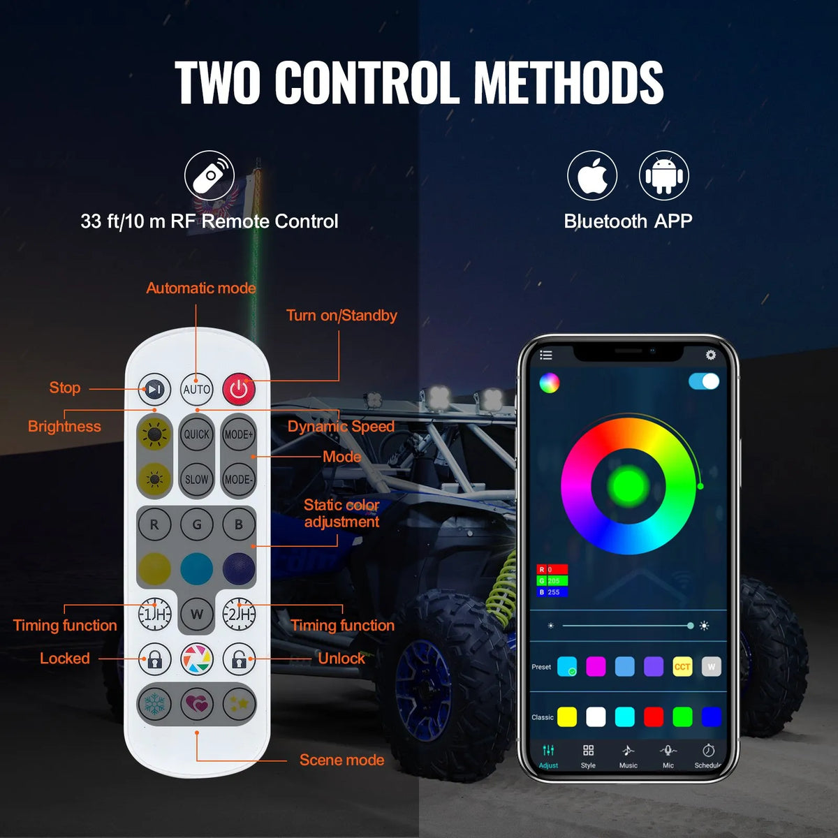 VEVOR LED Mast Light, 1 Piece, 0.9 m with Spring Base; App and Remote Control 360° Spiral RGB Moving Light, Waterproof, with 2 Flags; Suitable for UTV, ATV, Motorcycles, RZR, Can-Am and Go-Karts