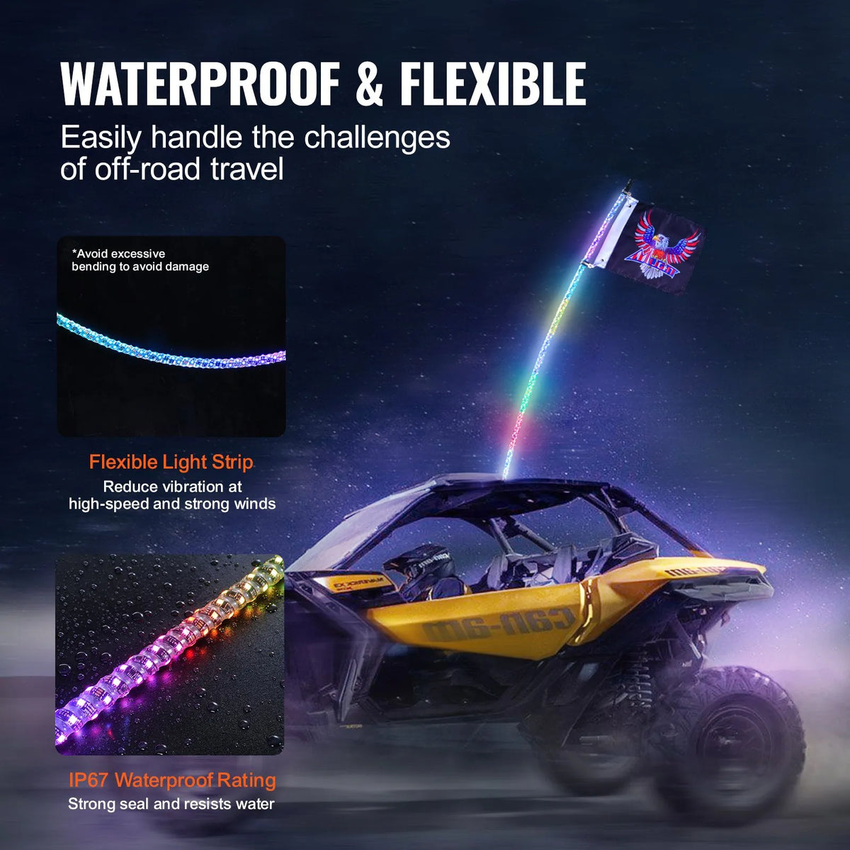 VEVOR LED Mast Light, 1 Piece, 0.9 m with Spring Base; App and Remote Control 360° Spiral RGB Moving Light, Waterproof, with 2 Flags; Suitable for UTV, ATV, Motorcycles, RZR, Can-Am and Go-Karts