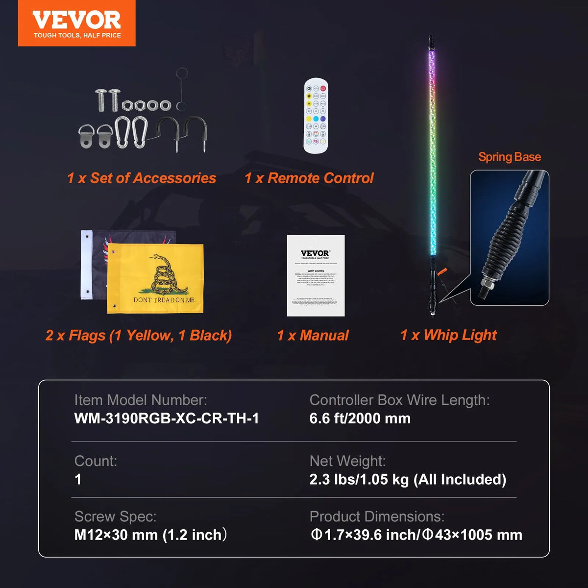 VEVOR LED Mast Light, 1 Piece, 0.9 m with Spring Base; App and Remote Control 360° Spiral RGB Moving Light, Waterproof, with 2 Flags; Suitable for UTV, ATV, Motorcycles, RZR, Can-Am and Go-Karts