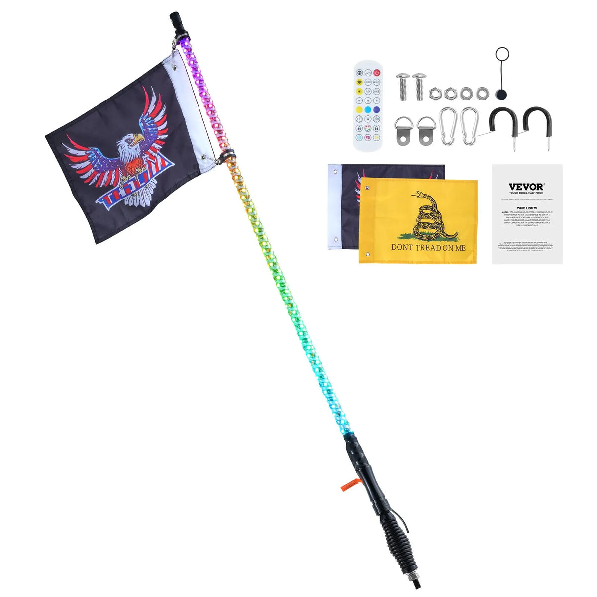 VEVOR LED Mast Light, 1 Piece, 0.9 m with Spring Base; App and Remote Control 360° Spiral RGB Moving Light, Waterproof, with 2 Flags; Suitable for UTV, ATV, Motorcycles, RZR, Can-Am and Go-Karts