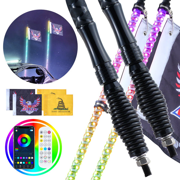 VEVOR LED spirālveida antenas gaismas ar atsperes pamatni, 2 gab., 1,2 m, RGB, ar tālvadību un lietotni