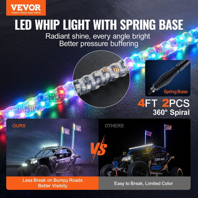 VEVOR LED spirālveida antenas gaismas ar atsperes pamatni, 2 gab., 1,2 m, RGB, ar tālvadību un lietotni