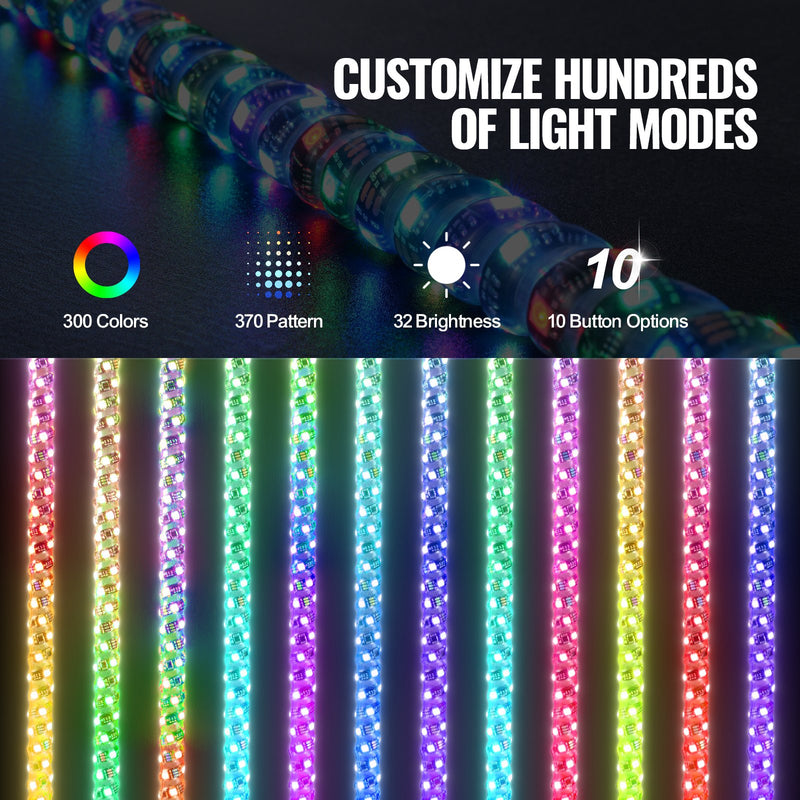 VEVOR LED spirālveida antenas gaismas ar atsperes pamatni, 2 gab., 1,2 m, RGB, ar tālvadību un lietotni