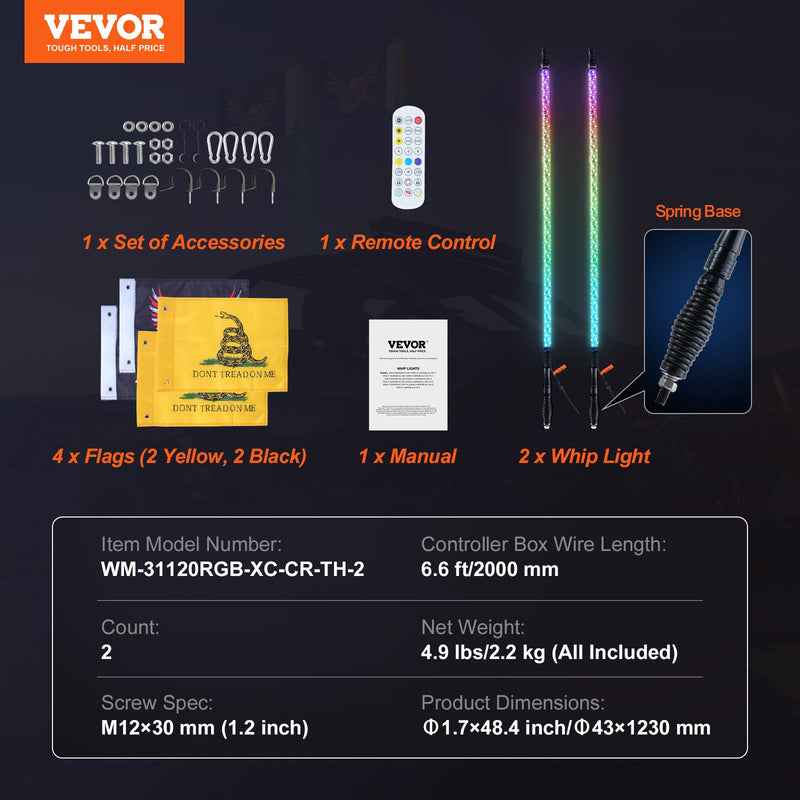 VEVOR LED spirālveida antenas gaismas ar atsperes pamatni, 2 gab., 1,2 m, RGB, ar tālvadību un lietotni