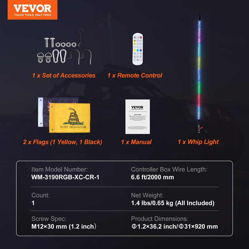 VEVOR LED spirālveida antenas gaisma, 1 gab., 0,9 m, RGB, ar tālvadību un lietotni, piemērota ATV, UTV, RZR