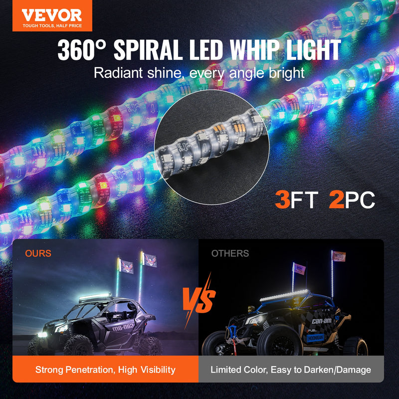 VEVOR LED spirālveida antenas gaismas, 2 gab., 0,9 m, RGB, ar tālvadību un lietotni, piemērotas ATV, UTV, RZR