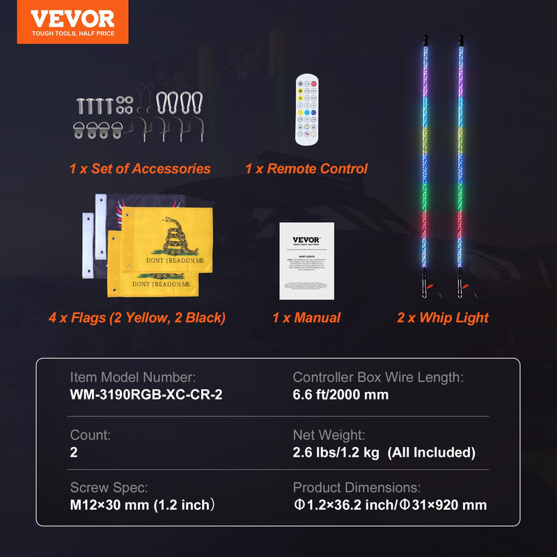 VEVOR LED spirālveida antenas gaismas, 2 gab., 0,9 m, RGB, ar tālvadību un lietotni, piemērotas ATV, UTV, RZR