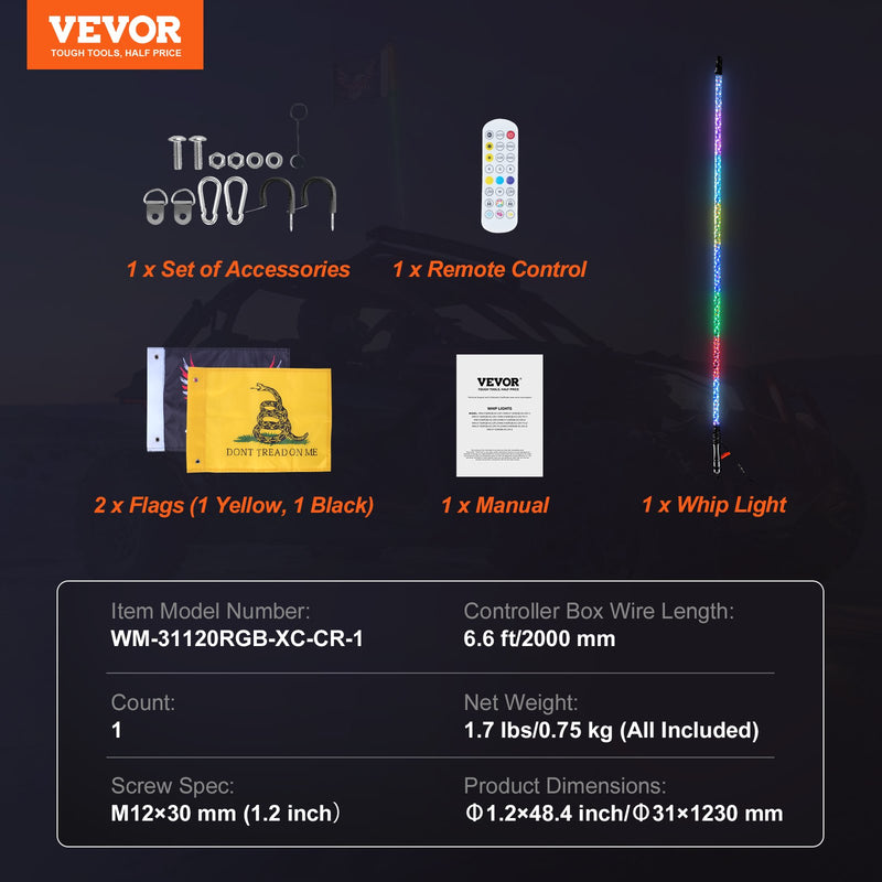 VEVOR LED spirālveida antenas gaisma, 1 gab., 1,2 m, RGB, ar tālvadību un lietotni, piemērota ATV, UTV, RZR