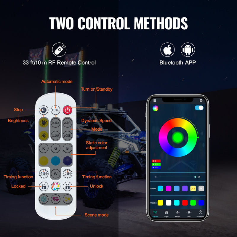 VEVOR LED spirālveida antenas gaismas, 2 gab., 1,2 m, RGB, ar tālvadību un lietotni, piemērotas ATV, UTV, RZR