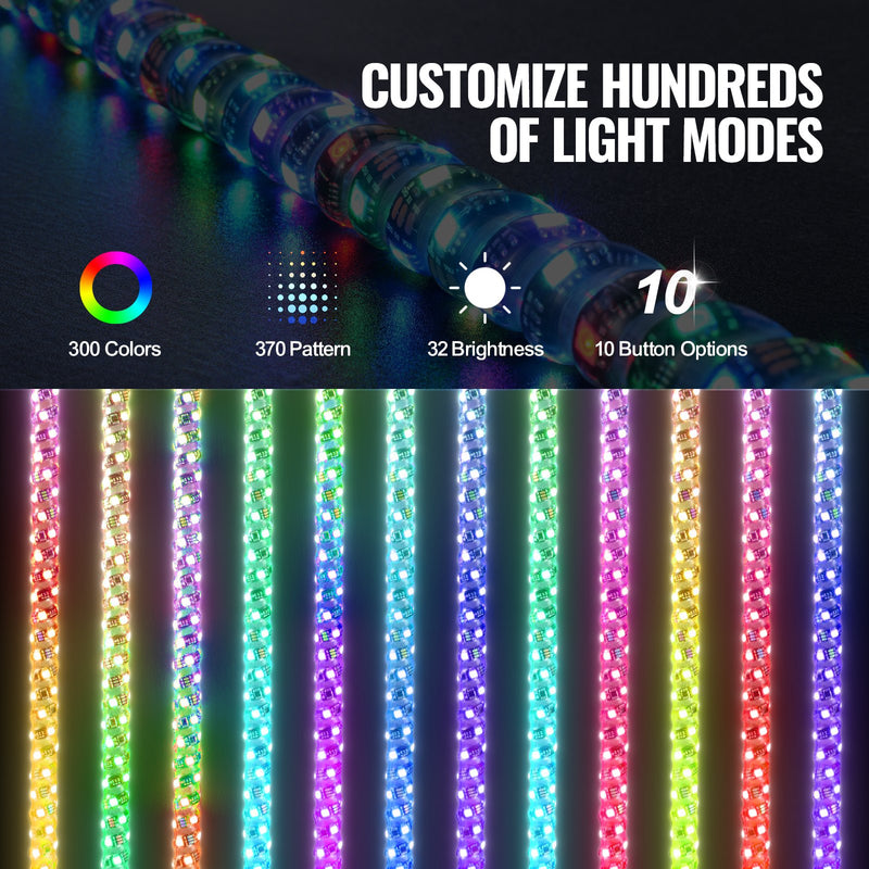 VEVOR LED spirālveida antenas gaismas, 2 gab., 1,2 m, RGB, ar tālvadību un lietotni, piemērotas ATV, UTV, RZR