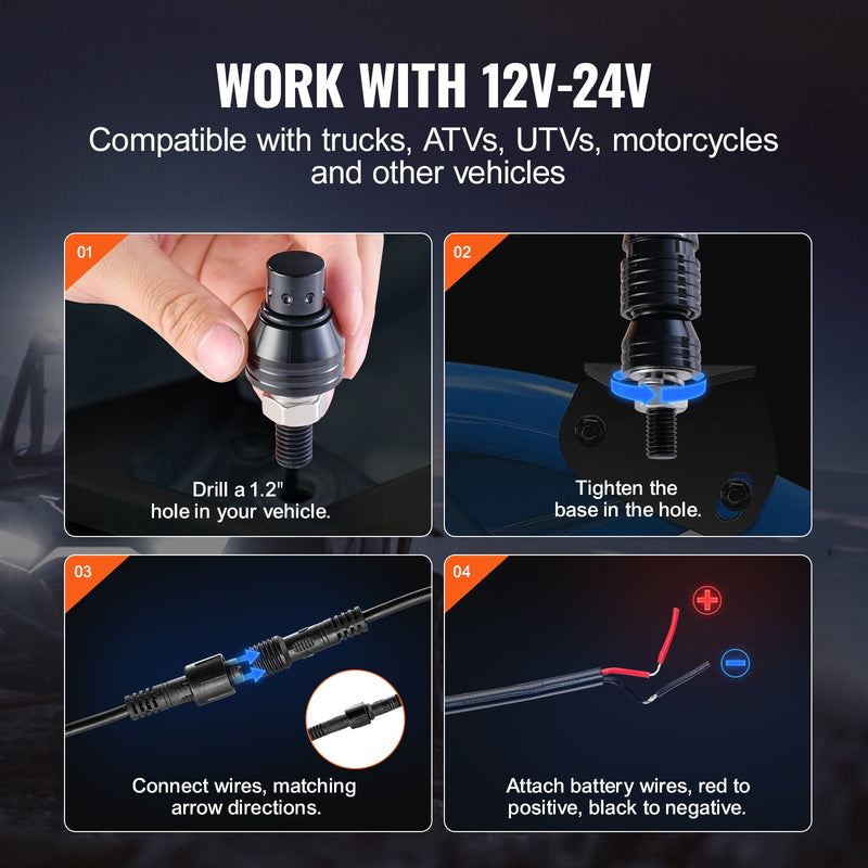VEVOR LED spirālveida antenas gaismas, 2 gab., 1,2 m, RGB, ar tālvadību un lietotni, piemērotas ATV, UTV, RZR