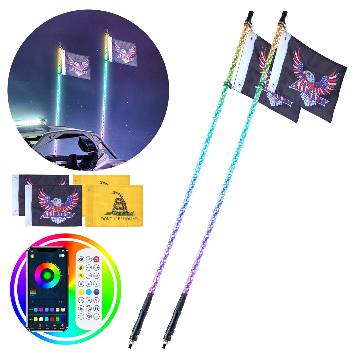 VEVOR LED spirālveida antenas gaismas, 2 gab., 1,5 m, RGB, ar tālvadību un lietotni, piemērotas ATV, UTV, RZR
