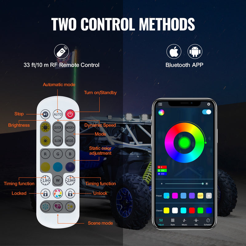 VEVOR LED spirālveida antenas gaismas, 2 gab., 1,5 m, RGB, ar tālvadību un lietotni, piemērotas ATV, UTV, RZR