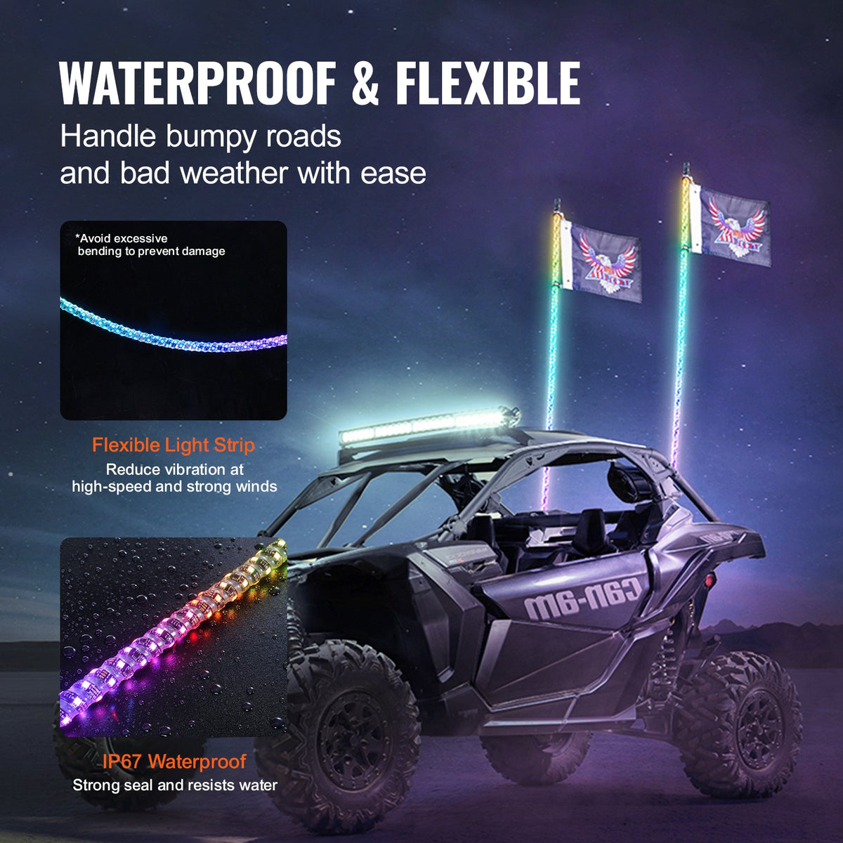 VEVOR LED spirālveida antenas gaismas, 2 gab., 1,5 m, RGB, ar tālvadību un lietotni, piemērotas ATV, UTV, RZR