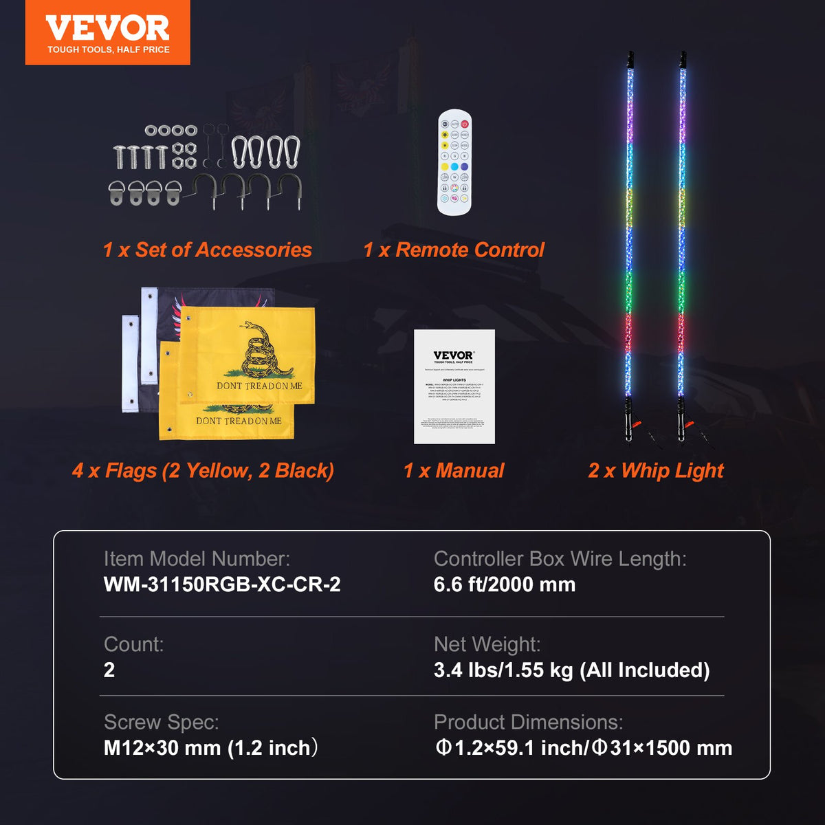 VEVOR LED spirālveida antenas gaismas, 2 gab., 1,5 m, RGB, ar tālvadību un lietotni, piemērotas ATV, UTV, RZR
