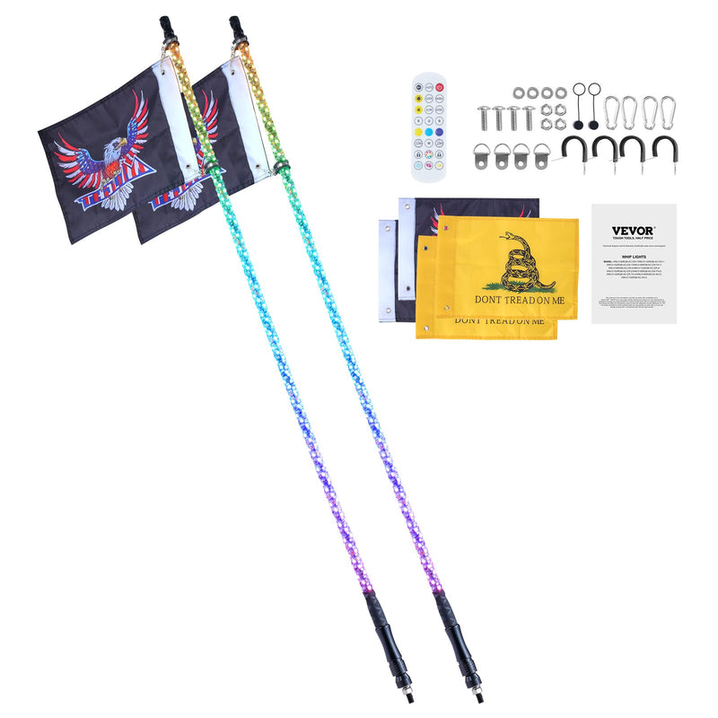 VEVOR LED spirālveida antenas gaismas, 2 gab., 1,5 m, RGB, ar tālvadību un lietotni, piemērotas ATV, UTV, RZR