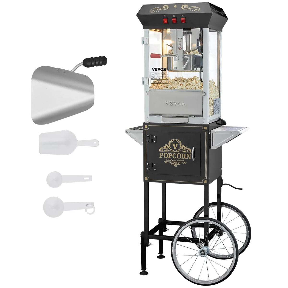 VEVOR popkorna aparāts ar ratiņiem 850 W, 8 oz katls līdz 48 porcijām vienā ciklā, ar rūdīta stikla korpusu un 4 piederumiem, kino stila, melns - ZEMLETES.LV