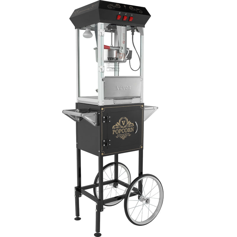 VEVOR popkorna aparāts ar ratiņiem 850 W, 8 oz katls līdz 48 porcijām vienā ciklā, ar rūdīta stikla korpusu un 4 piederumiem, kino stila, melns - ZEMLETES.LV