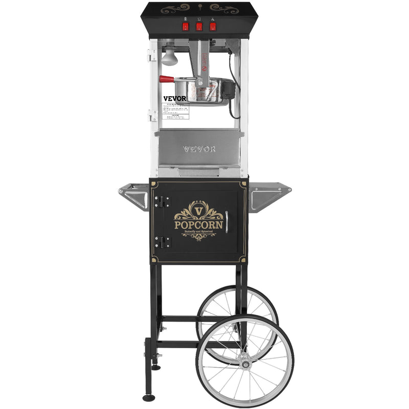 VEVOR popkorna aparāts ar ratiņiem 850 W, 8 oz katls līdz 48 porcijām vienā ciklā, ar rūdīta stikla korpusu un 4 piederumiem, kino stila, melns - ZEMLETES.LV