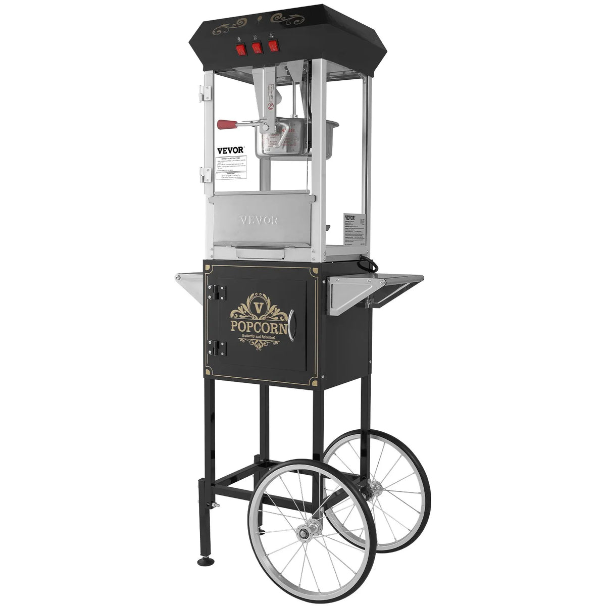 VEVOR popkorna aparāts ar ratiņiem 850 W, 8 oz katls līdz 48 porcijām vienā ciklā, ar rūdīta stikla korpusu un 4 piederumiem, kino stila, melns - ZEMLETES.LV