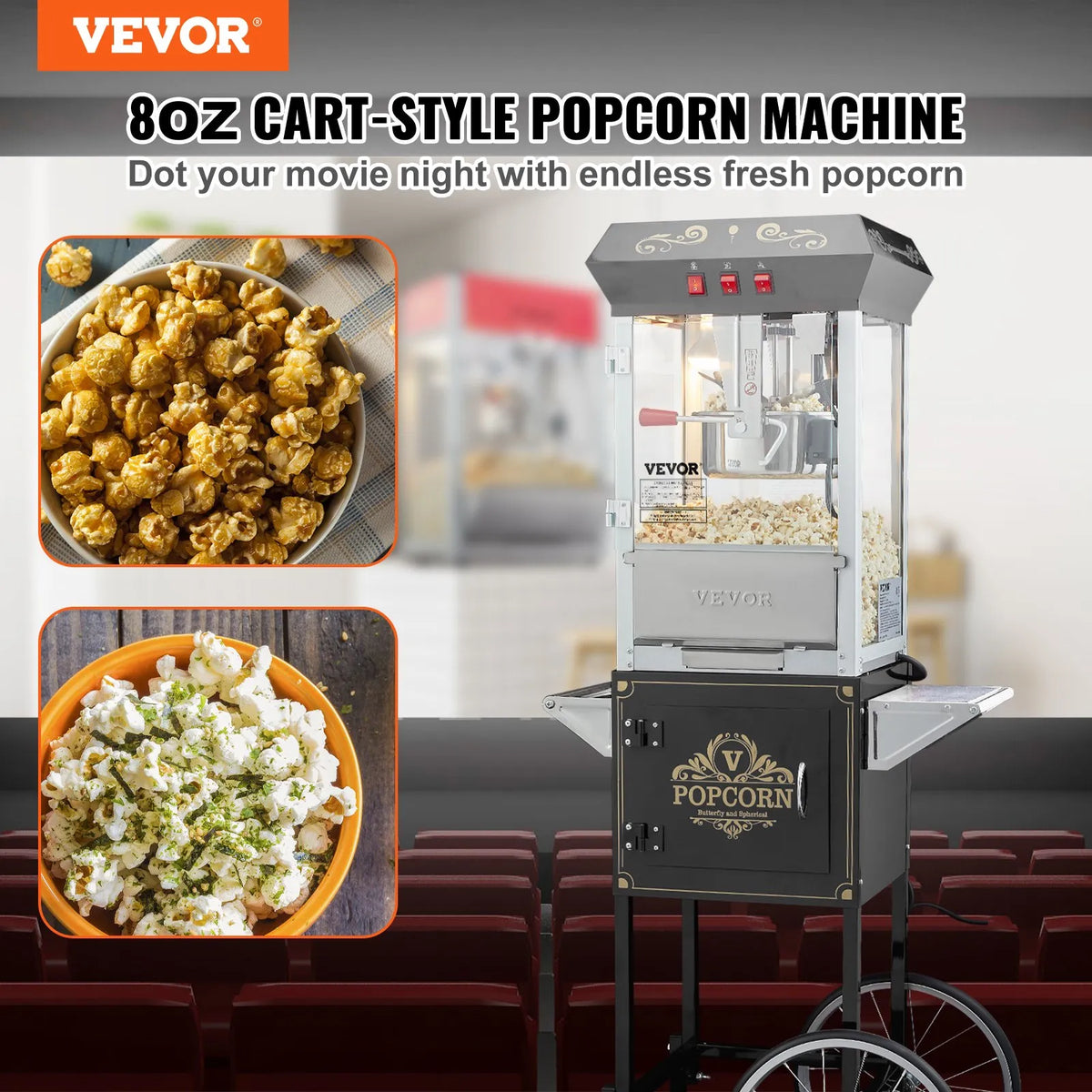 VEVOR popkorna aparāts ar ratiņiem 850 W, 8 oz katls līdz 48 porcijām vienā ciklā, ar rūdīta stikla korpusu un 4 piederumiem, kino stila, melns - ZEMLETES.LV