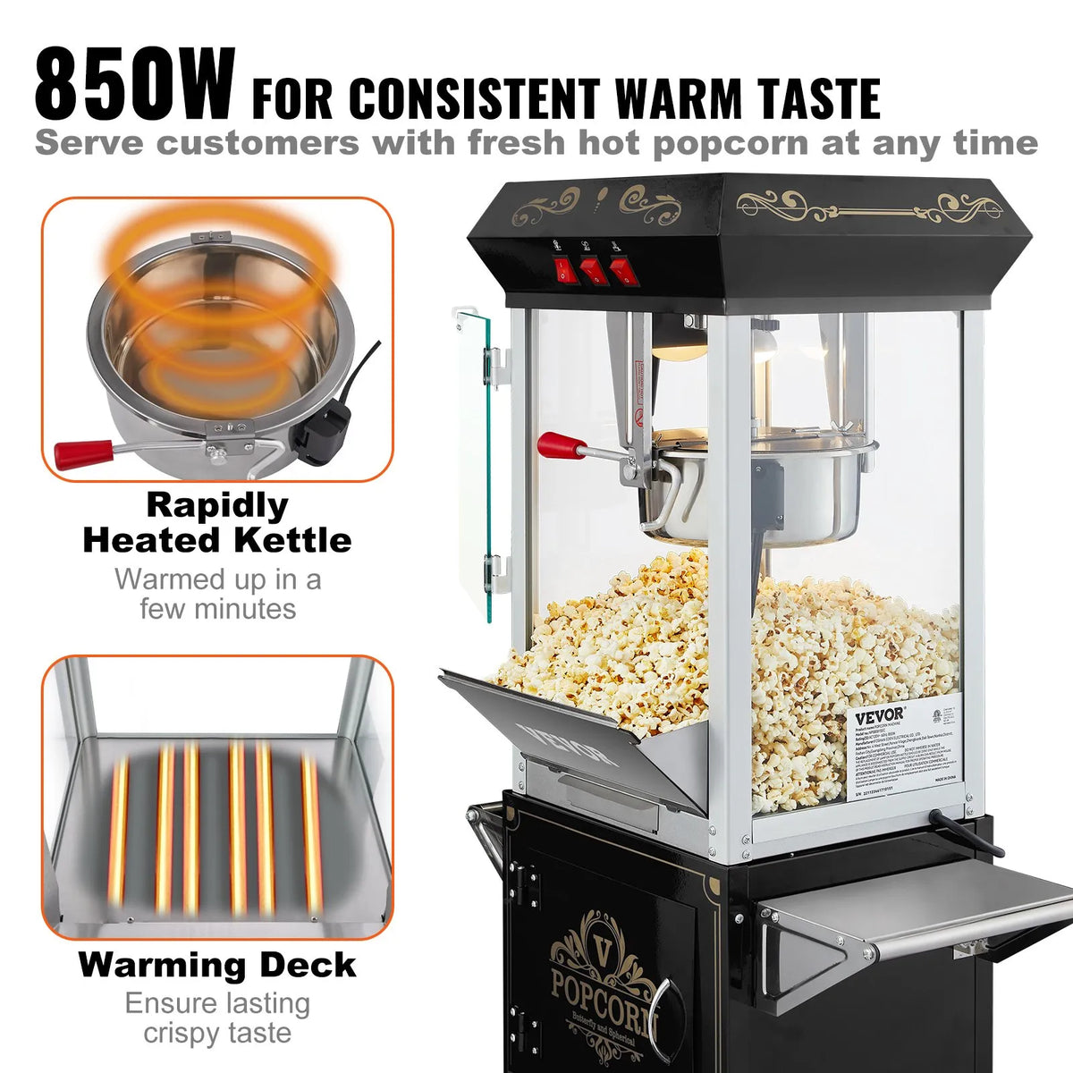 VEVOR popkorna aparāts ar ratiņiem 850 W, 8 oz katls līdz 48 porcijām vienā ciklā, ar rūdīta stikla korpusu un 4 piederumiem, kino stila, melns - ZEMLETES.LV