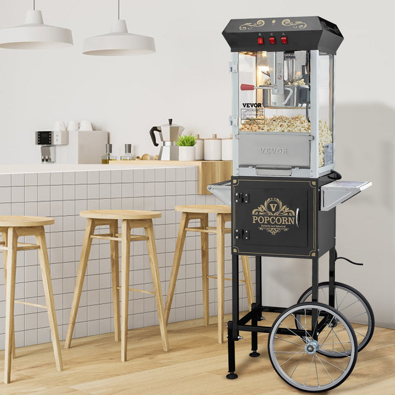 VEVOR popkorna aparāts ar ratiņiem 850 W, 8 oz katls līdz 48 porcijām vienā ciklā, ar rūdīta stikla korpusu un 4 piederumiem, kino stila, melns - ZEMLETES.LV