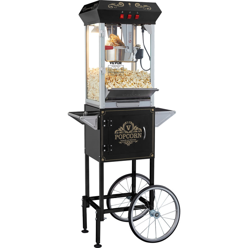 VEVOR popkorna aparāts ar ratiņiem 850 W, 8 oz katls līdz 48 porcijām vienā ciklā, ar rūdīta stikla korpusu un 4 piederumiem, kino stila, melns - ZEMLETES.LV