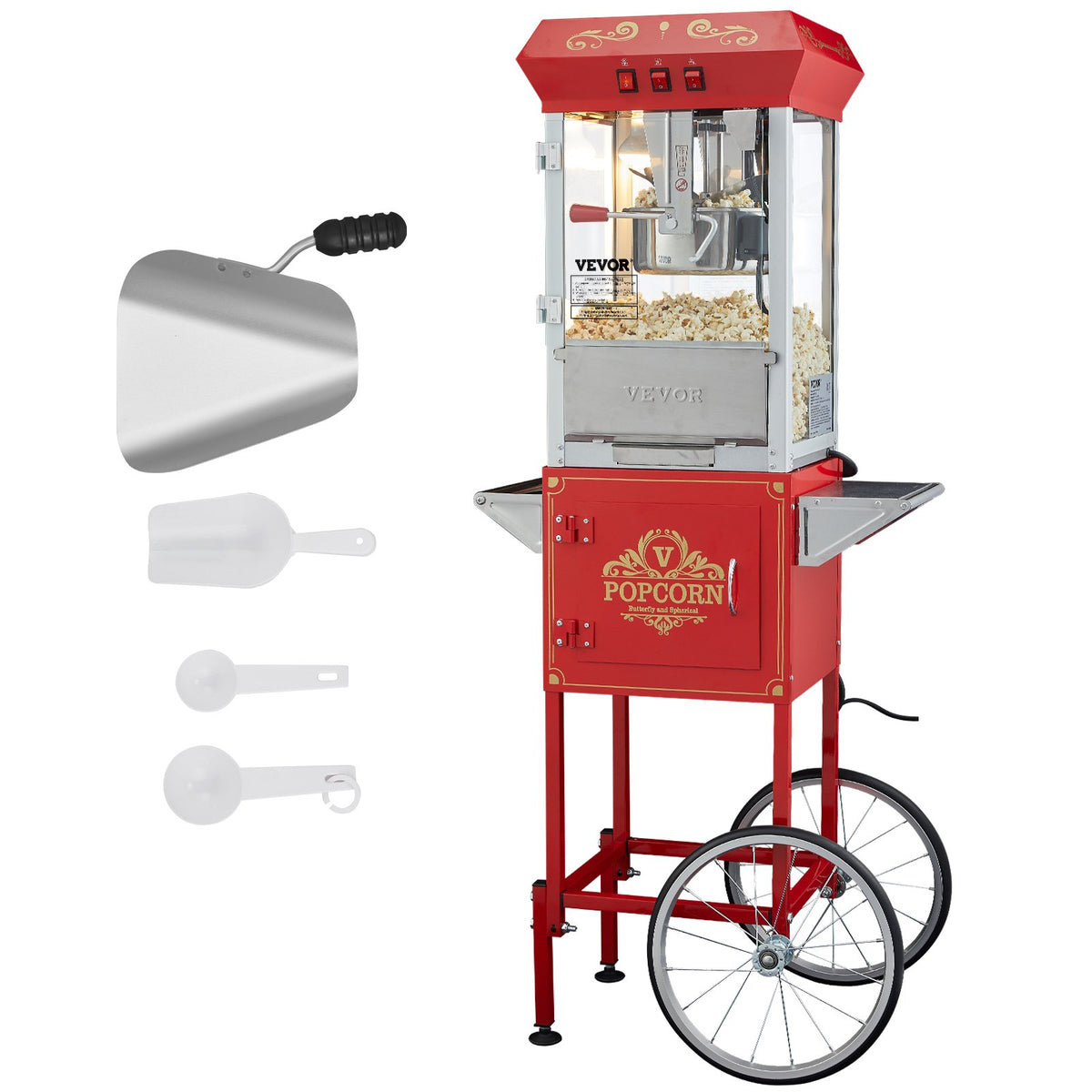 VEVOR popkorna aparāts ar ratiņiem 850 W ar 8 oz katlu līdz 48 porcijām vienā reizē, ar rūdīta stikla korpusu un 4 kausiņiem, kino stila, sarkans - ZEMLETES.LV