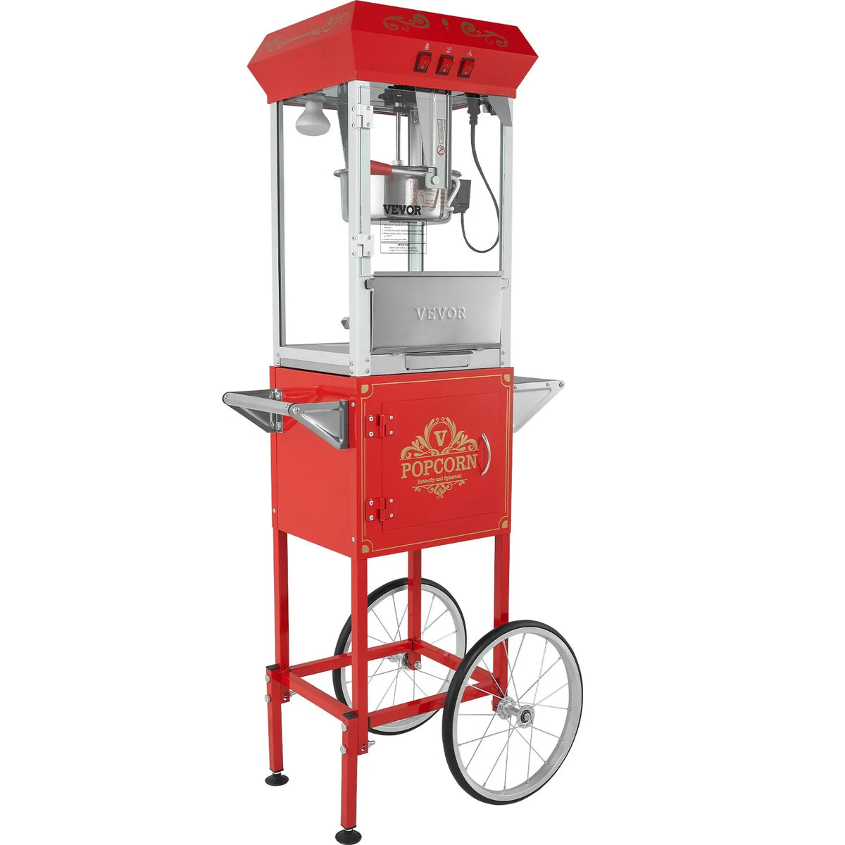 VEVOR popkorna aparāts ar ratiņiem 850 W ar 8 oz katlu līdz 48 porcijām vienā reizē, ar rūdīta stikla korpusu un 4 kausiņiem, kino stila, sarkans - ZEMLETES.LV