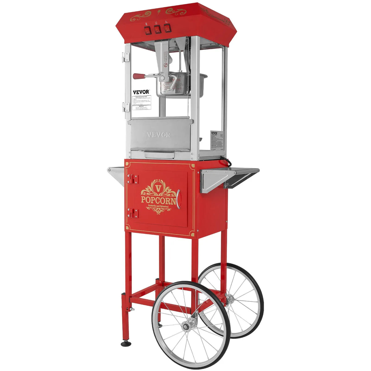 VEVOR popkorna aparāts ar ratiņiem 850 W ar 8 oz katlu līdz 48 porcijām vienā reizē, ar rūdīta stikla korpusu un 4 kausiņiem, kino stila, sarkans - ZEMLETES.LV