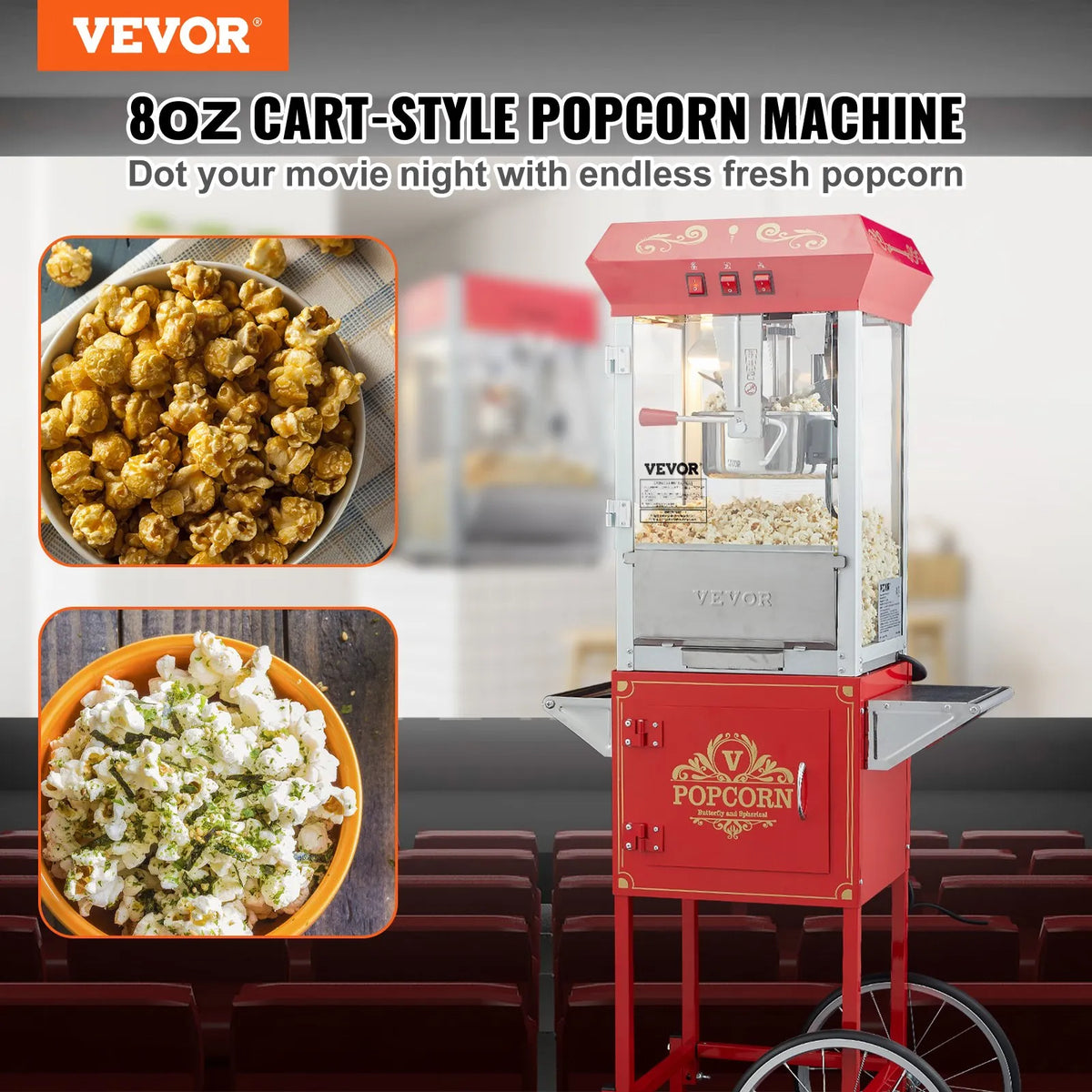 VEVOR popkorna aparāts ar ratiņiem 850 W ar 8 oz katlu līdz 48 porcijām vienā reizē, ar rūdīta stikla korpusu un 4 kausiņiem, kino stila, sarkans - ZEMLETES.LV