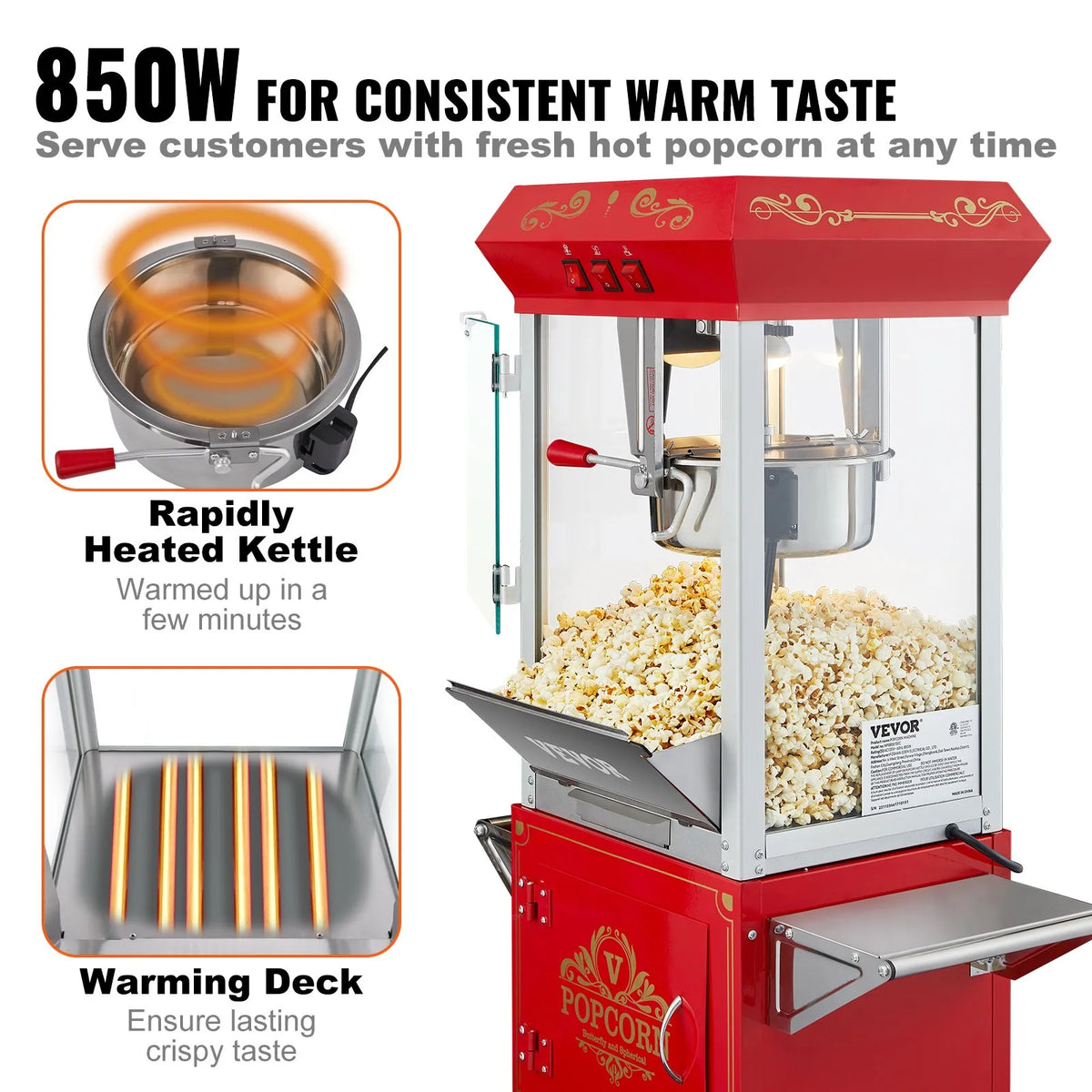 VEVOR popkorna aparāts ar ratiņiem 850 W ar 8 oz katlu līdz 48 porcijām vienā reizē, ar rūdīta stikla korpusu un 4 kausiņiem, kino stila, sarkans - ZEMLETES.LV