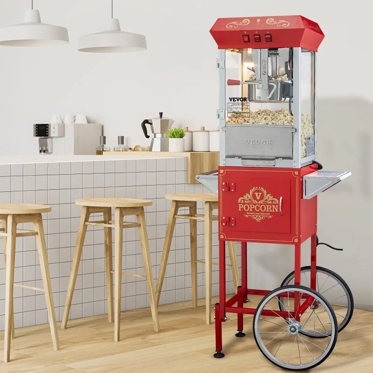 VEVOR popkorna aparāts ar ratiņiem 850 W ar 8 oz katlu līdz 48 porcijām vienā reizē, ar rūdīta stikla korpusu un 4 kausiņiem, kino stila, sarkans - ZEMLETES.LV